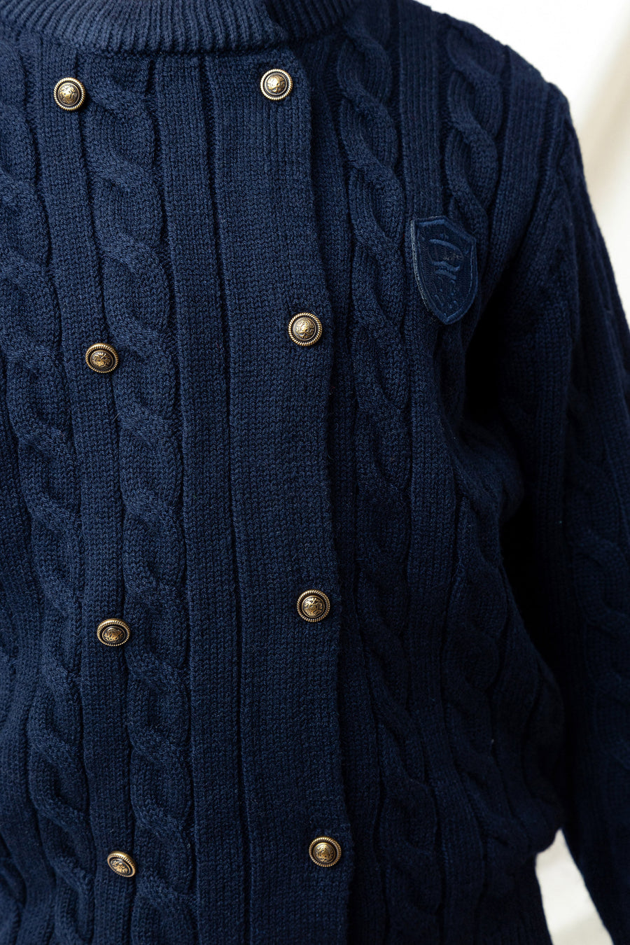 NAVY CABLE DOUBLE BREASTED EMBLEM SWEATER