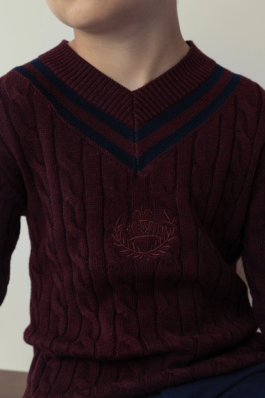 WINE CABLE V-NECK EMBLEM KNIT