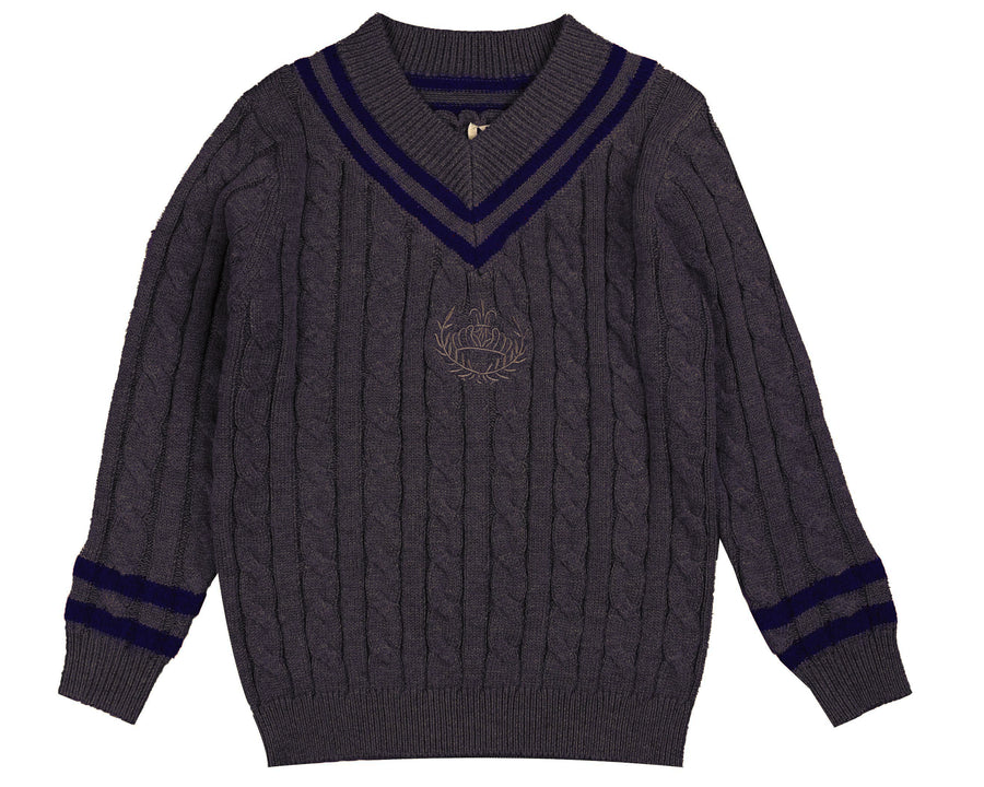 CHARCOAL CABLE V-NECK EMBLEM KNIT