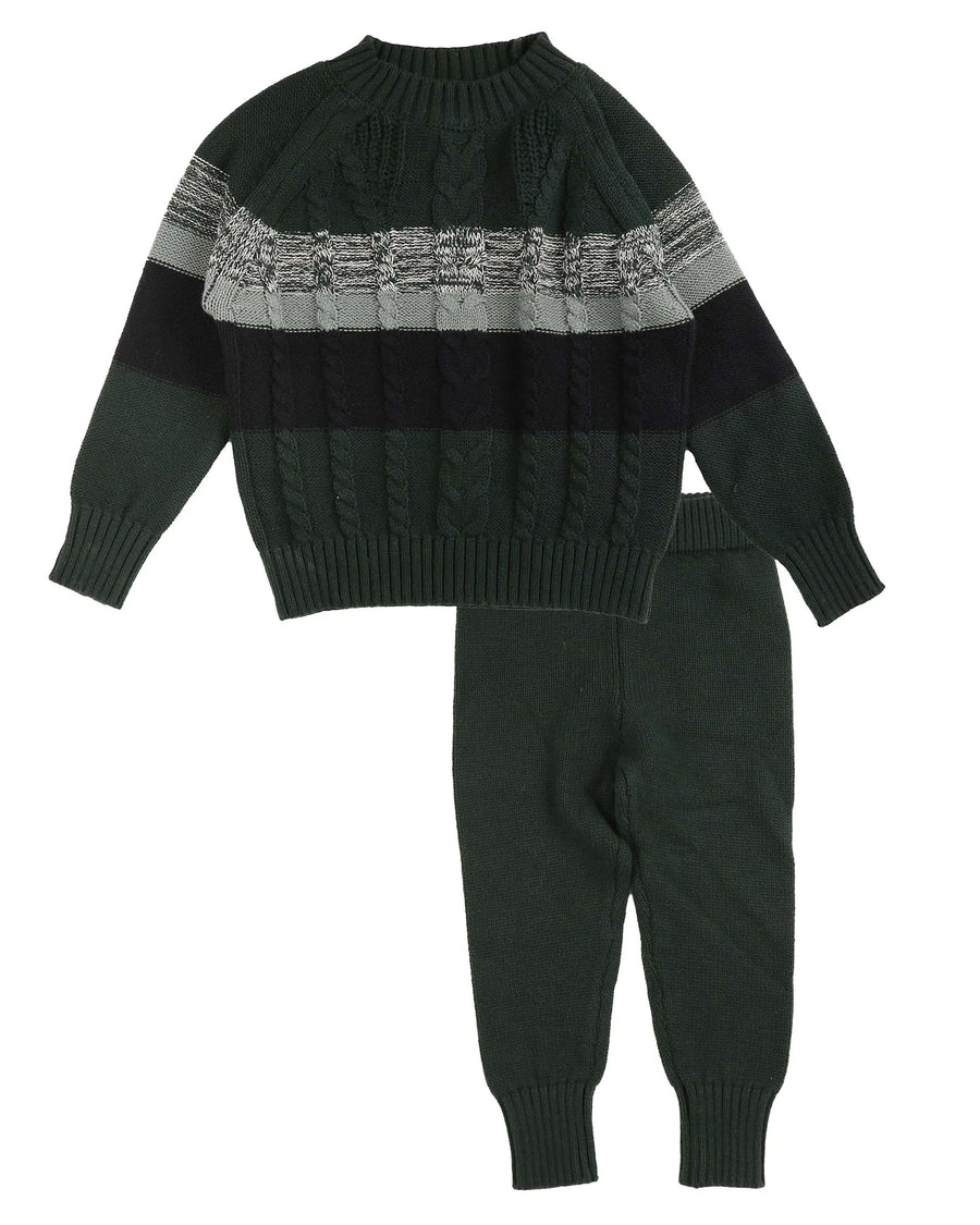 FOREST GREEN CABLE STRIPE RAGLAN BABY SET