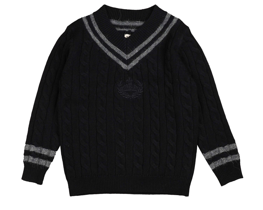 NAVY CABLE V-NECK EMBLEM KNIT