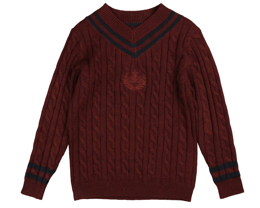 WINE CABLE V-NECK EMBLEM KNIT