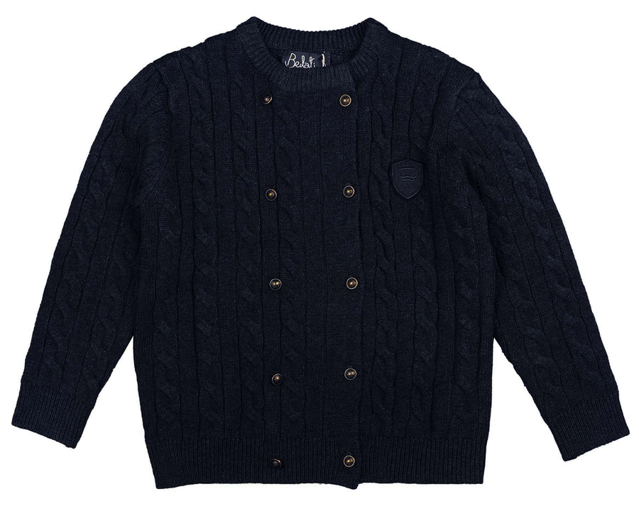 NAVY CABLE DOUBLE BREASTED EMBLEM SWEATER