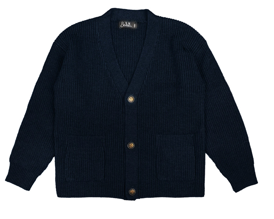 NAVY SEUDE ELBOW PATCH CARDIGAN