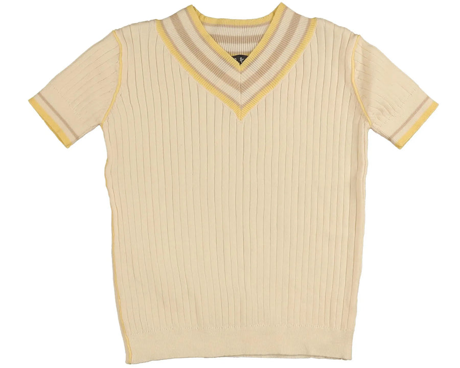 PALE YELLOW STRIPED EDGES V NECK SS KNIT