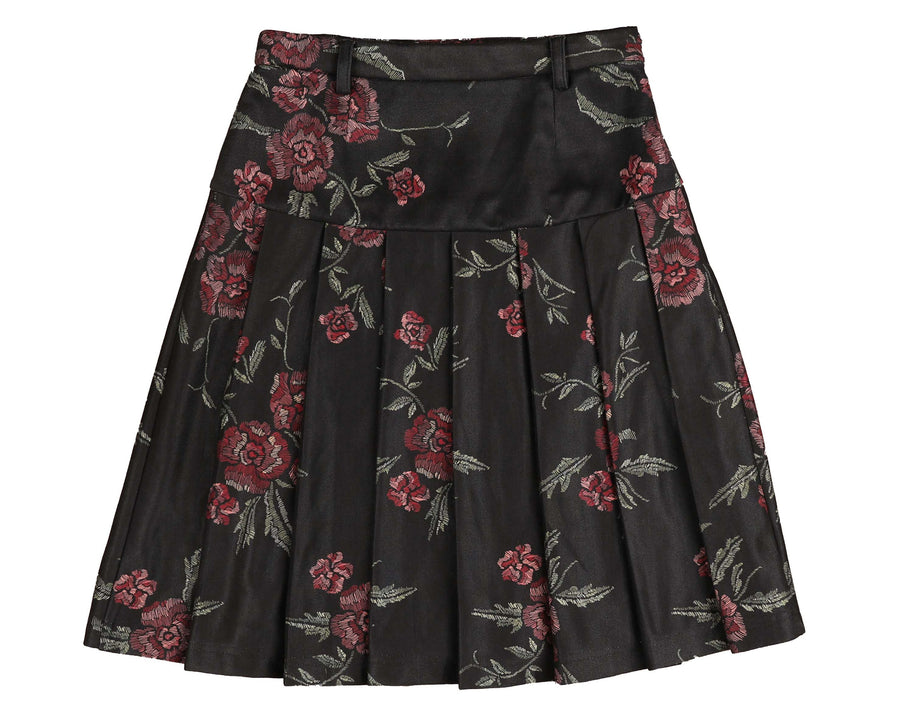 BLACK FLORAL PLEATED SKIRT