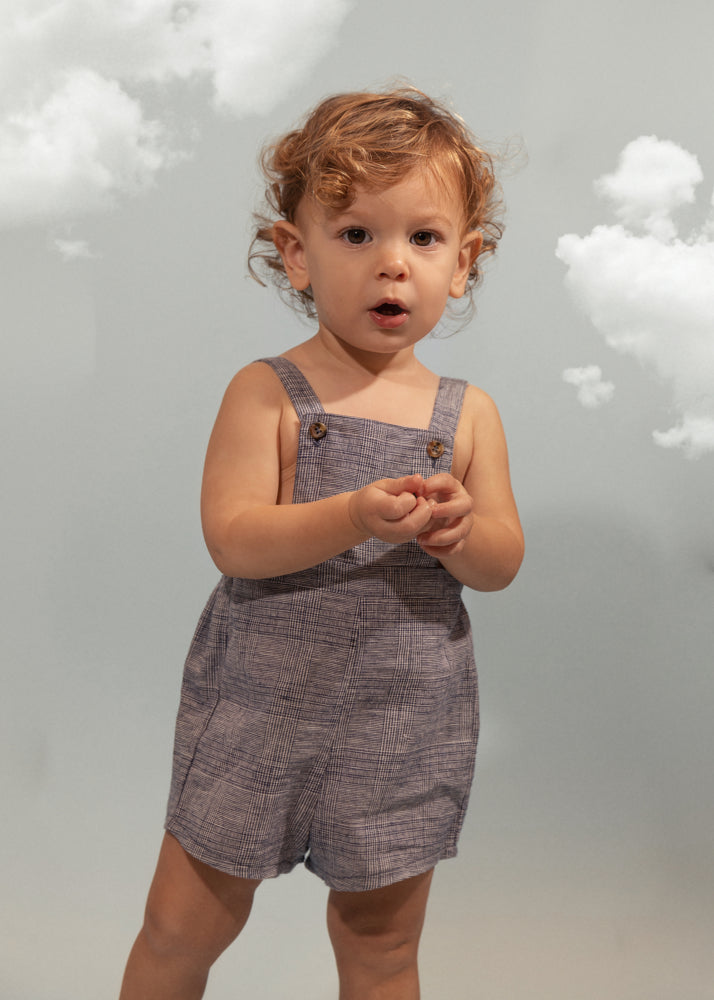 CHALK BLUE BUTTON DETAIL PLAID PLEATED OVERALLS