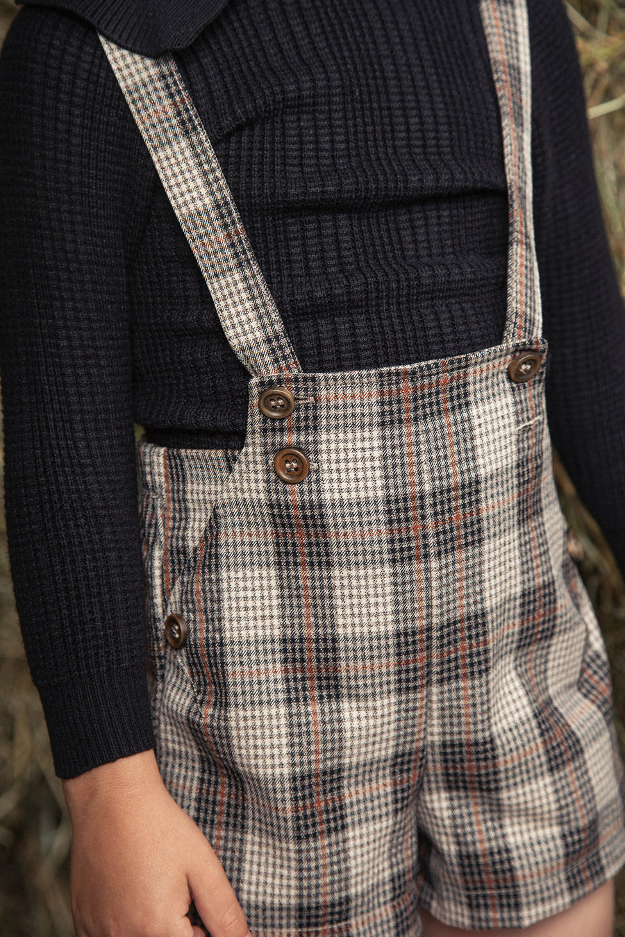 BEIGE PLAID PLEATED POCKET BABY OVERALLS