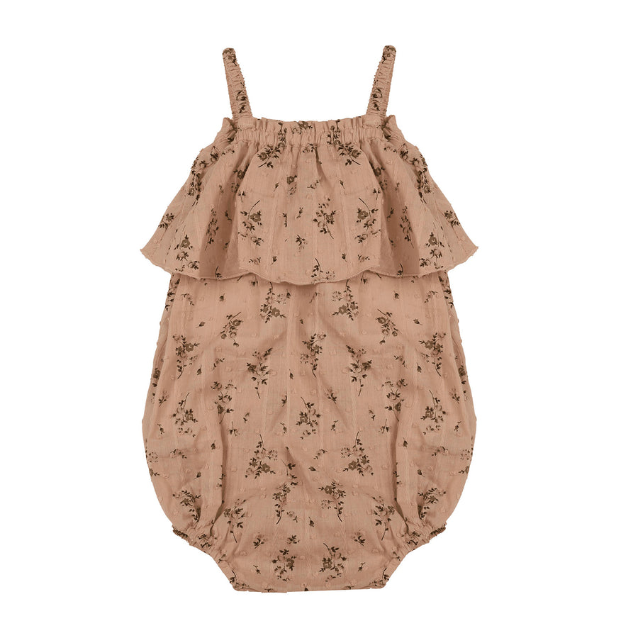 DUSTY ROSE ROMPER WITH ELASTICATED STRAPS AND BIG FRILL