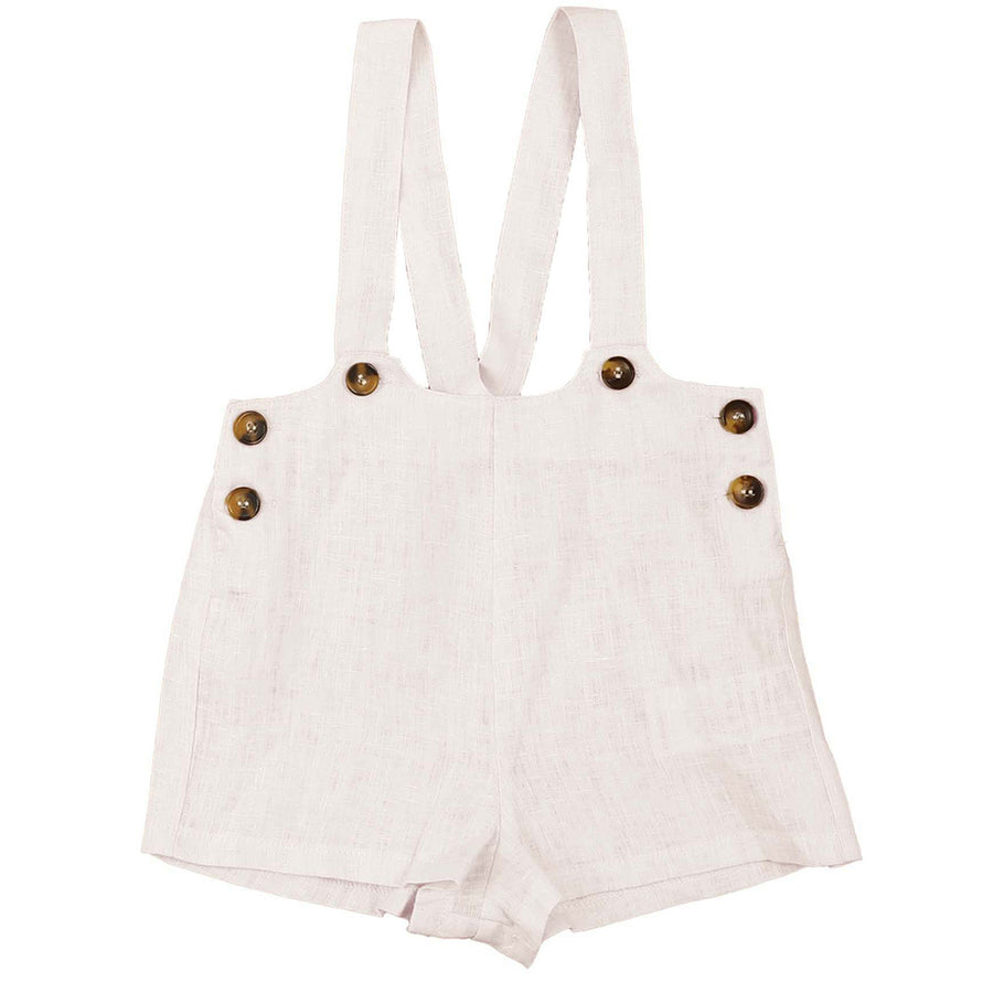 WHITE DISTRESSED LINEN SUSPENDER SHORTS