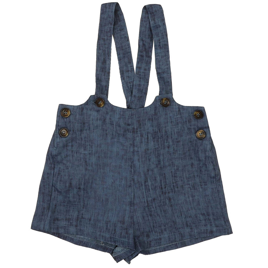 NAVY DISTRESSED LINEN SUSPENDER SHORTS