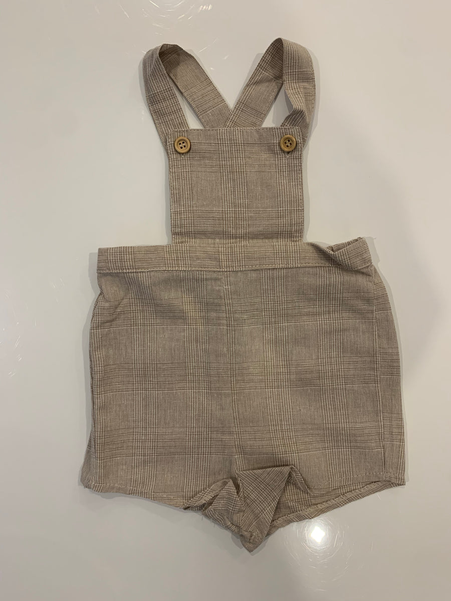 ALMOND BUTTON DETAIL PLAID PLEATED OVERALLS