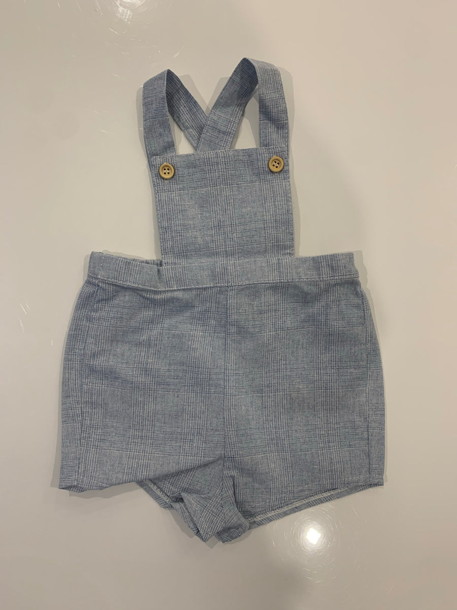 CHALK BLUE BUTTON DETAIL PLAID PLEATED OVERALLS