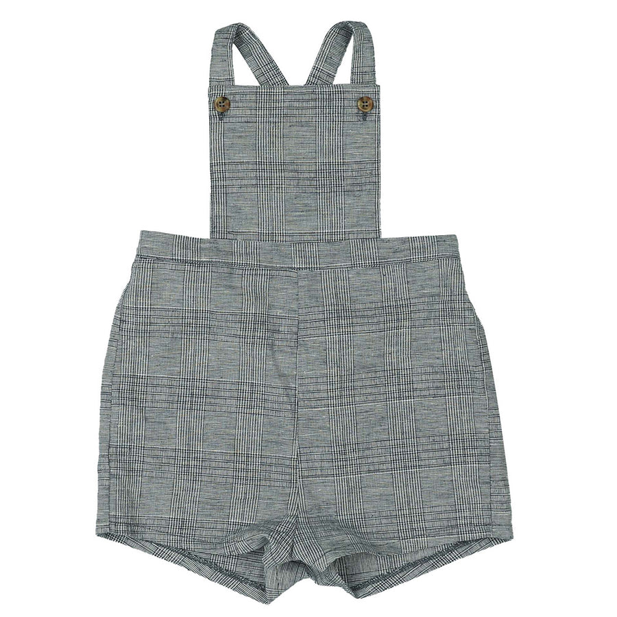 NAVY BUTTON DETAIL PLAID PLEATED OVERALLS